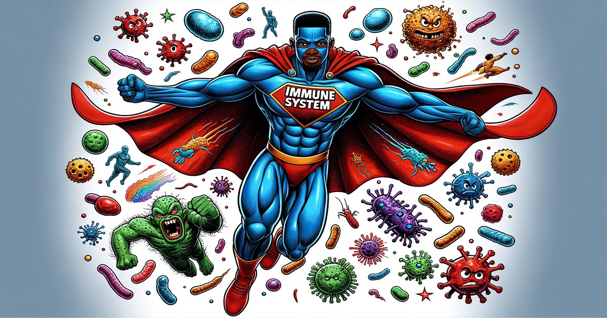 The Ultimate Health Shield: Unleash Your Immune System's Superpowers: Article image of a muscular African American Immune System superhero flying through space, battling would-be diseases. www.NaturalMaxHealth.com.