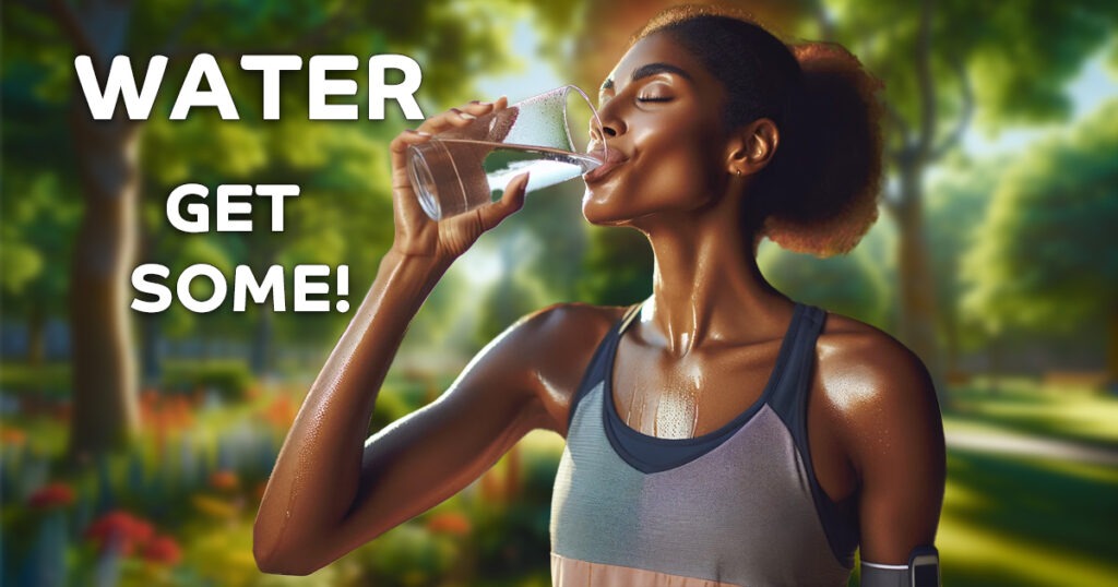 Hydration Essentials: Why Water is Key to Health & Wellness blog article image of young athletic black woman drinking a glass of water after run on a hot sunny day.