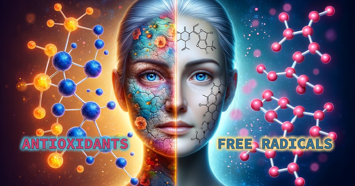 What are Antioxidants and Free Radicals Anyway? article cover image of woman's face flanked by atoms.